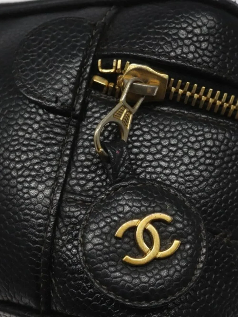 CHANEL Bicolore Vanity Hand Bag Grained Calf Skin Black CC Auth yb789